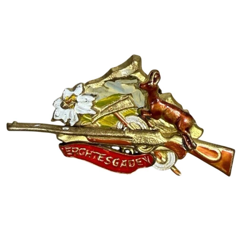 Vintage Berchtesgaden German Hat Pin Brooch Edelweiss Deer Rifle Gorpcore Enamel